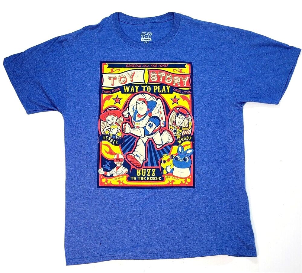 Disney Pixar Toy Story 4 Men's Large Blue Graphic Tee Shirt Buzz To The Rescue